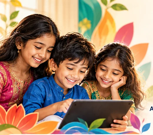 Three children smiling at a tablet together