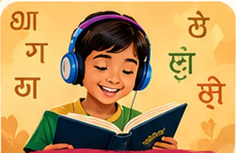 A boy with headphones reading a book, surrounded by Indian letters