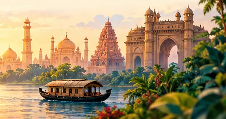 Indian temples and palaces at sunset beside a river with a houseboat